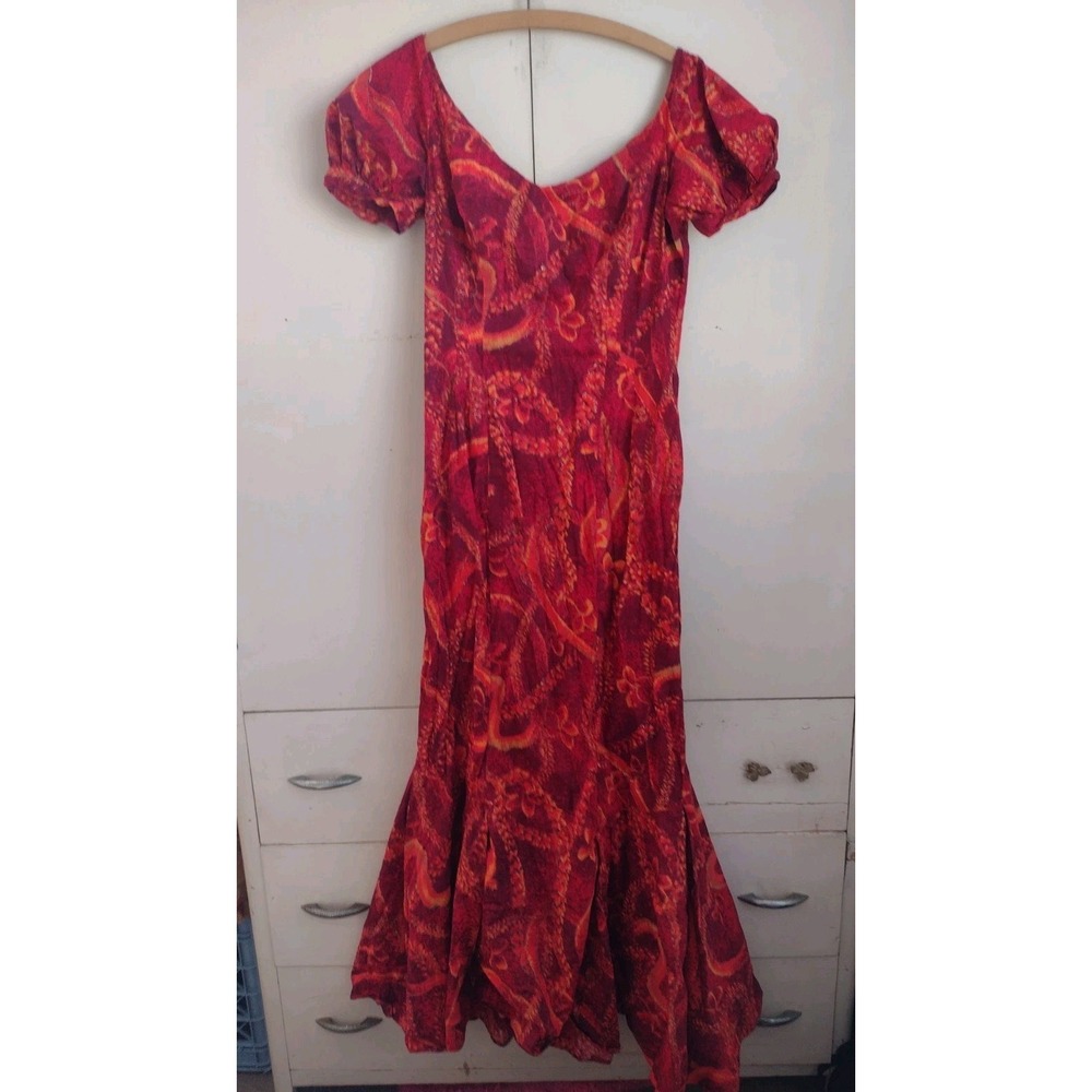 Vtg 70s Alfred Shaheen Hawaiian Dress Red Floral Mermaid Maxi Fitted Formal Sz S